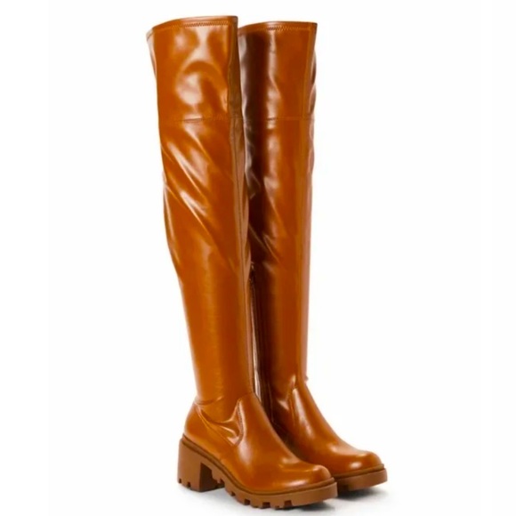 Jordane Lug Sole Over The Knee Camel Boots - Picture 2 of 5